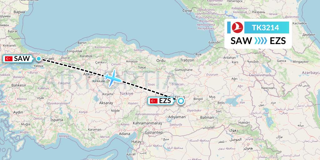 TK3214 Turkish Airlines Flight Map: Istanbul to Elazig