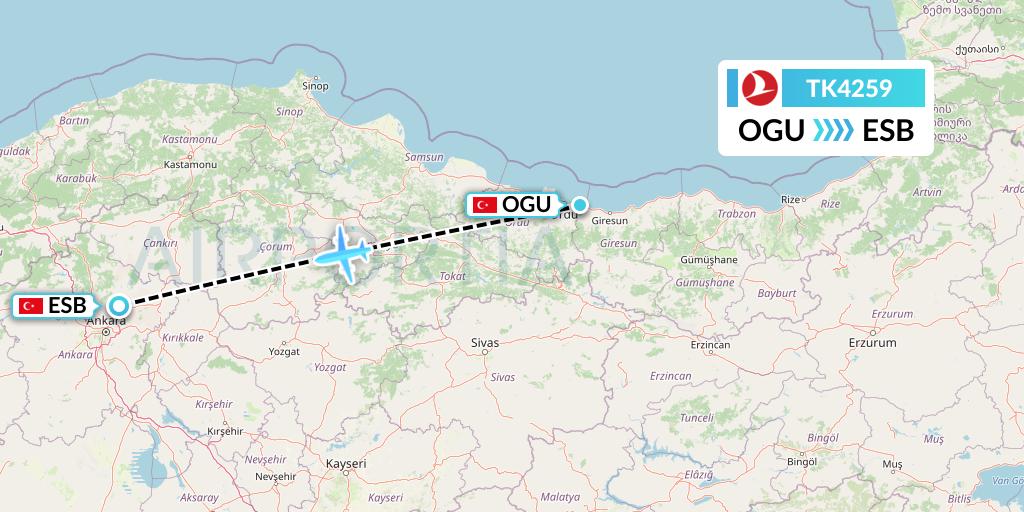 TK4259 Turkish Airlines Flight Map: Ordu to Ankara