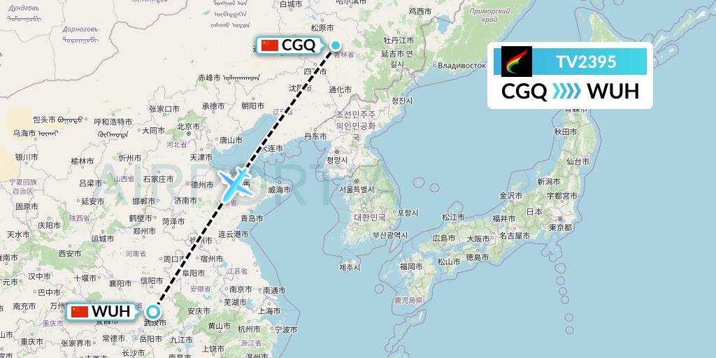 TV2395 Tibet Airlines Flight Map: Changchun to Wuhan