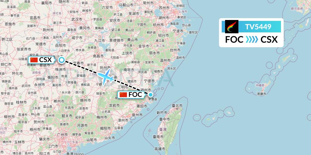 TV5449 Tibet Airlines Flight Map: Fuzhou to Changsha