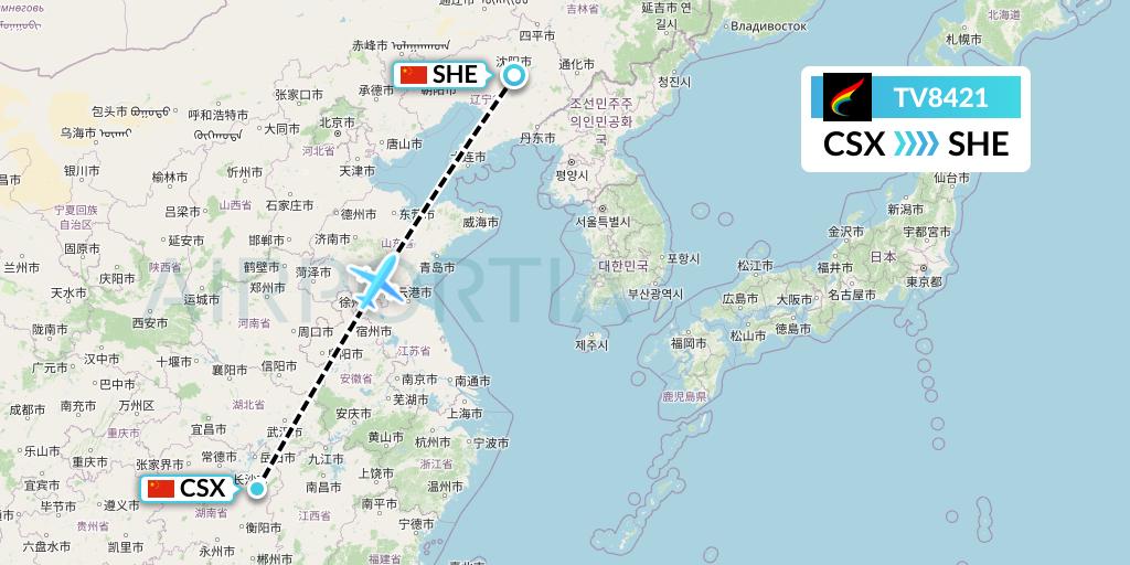 TV8421 Tibet Airlines Flight Map: Changsha to Shenyang