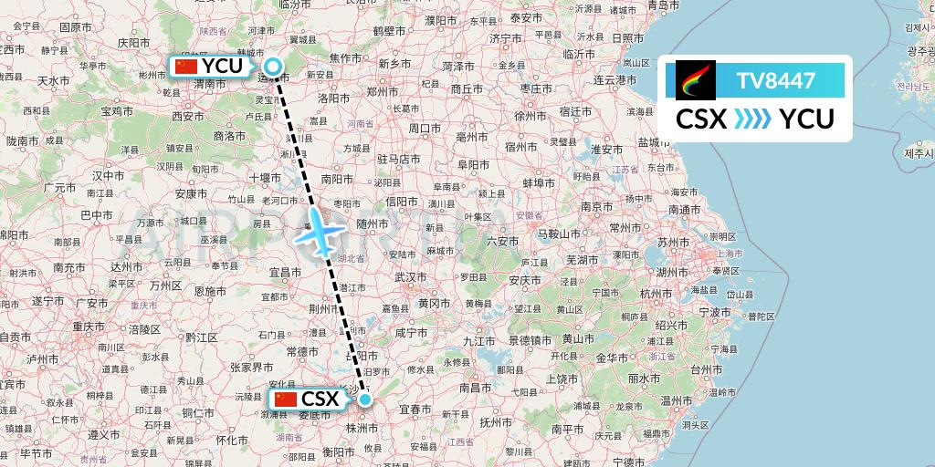 TV8447 Tibet Airlines Flight Map: Changsha to Yuncheng