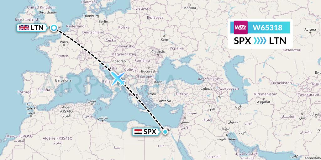 W65318 Wizz Air Flight Map: Cairo to London