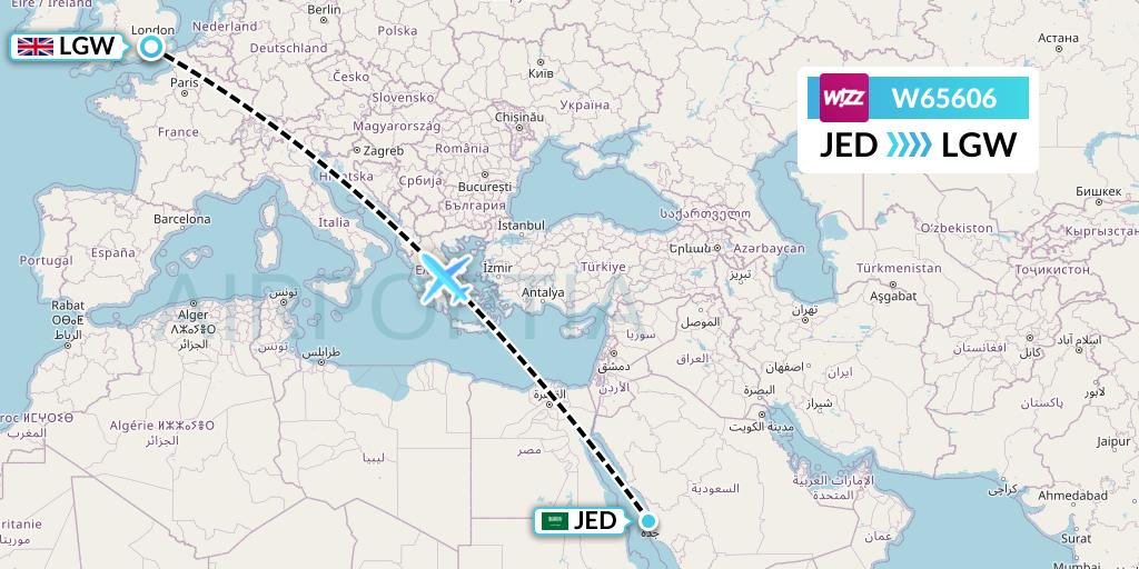 W65606 Wizz Air Flight Map: Jeddah to London