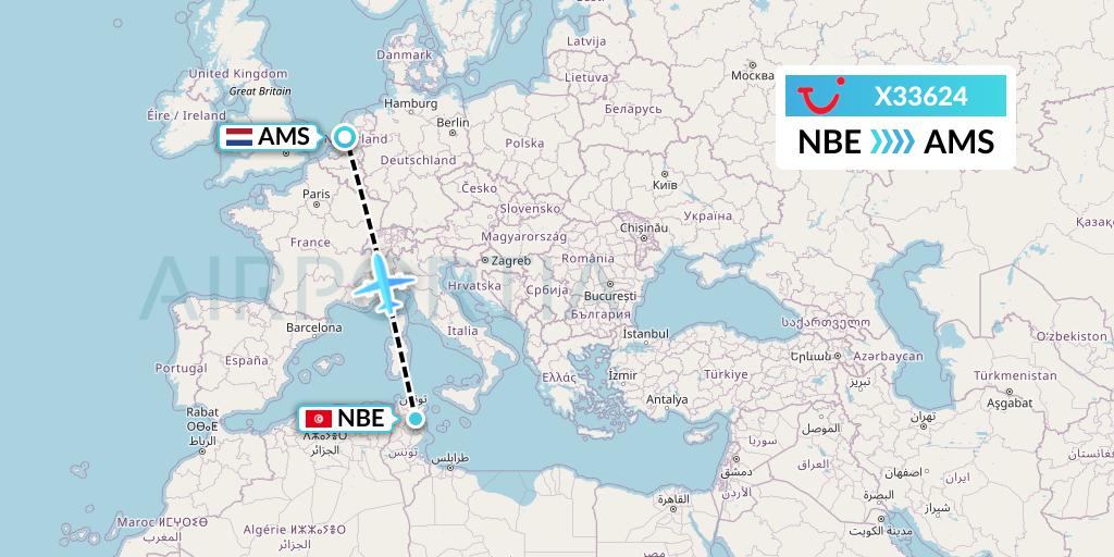 X33624 TUI fly Germany Flight Map: Enfidha to Amsterdam