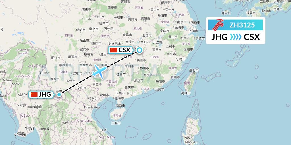 ZH3125 Shenzhen Airlines Flight Map: Jinghong to Changsha