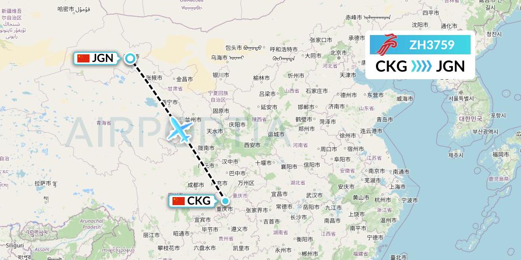 ZH3759 Shenzhen Airlines Flight Map: Chongqing to Jiayuguan