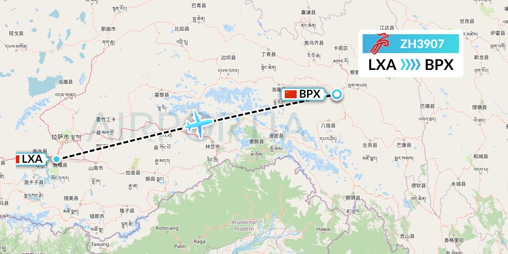 ZH3907 Shenzhen Airlines Flight Map: Lhasa to Bangda