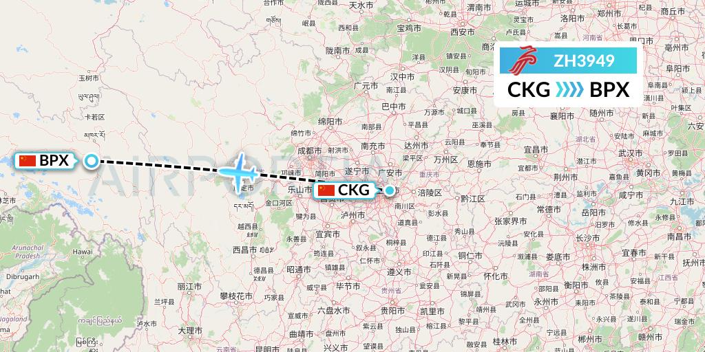 ZH3949 Shenzhen Airlines Flight Map: Chongqing to Bangda