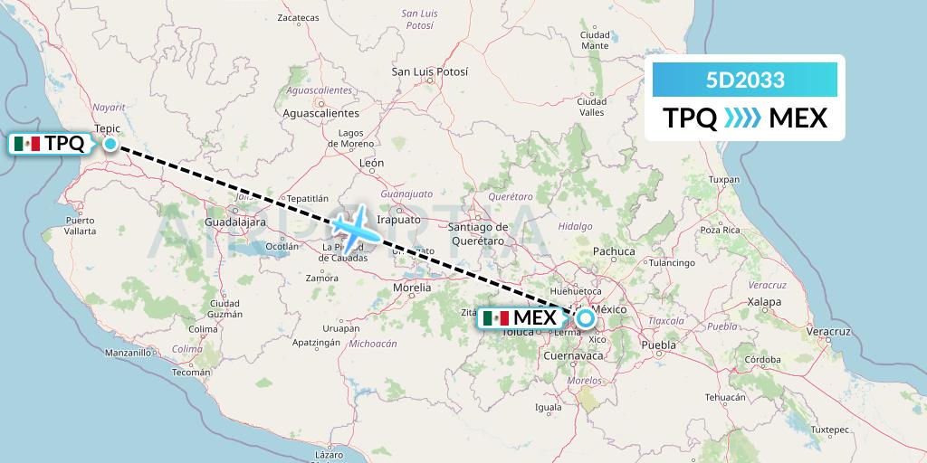 5D2033 Aeromexico Connect Flight Map: Tepic to Mexico City