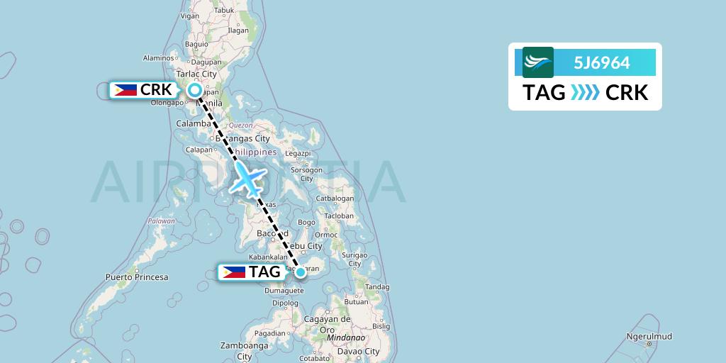 5J6964 CEBU Pacific Air Flight Map: Tagbilaran City to Angeles City