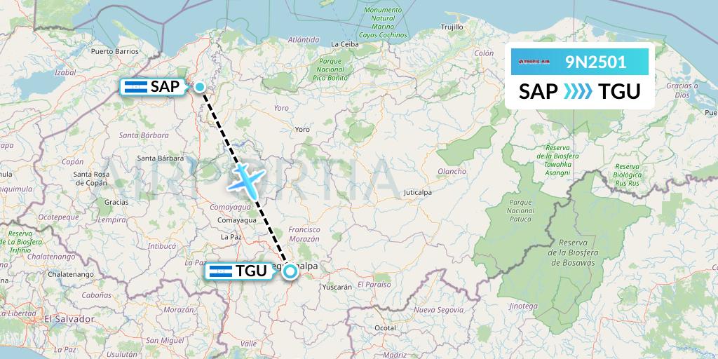 9N2501 Tropic Air Flight Map: San Pedro Sula to Tegucigalpa