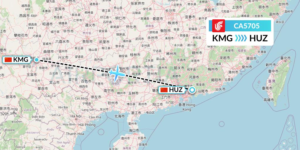 CA5705 Air China Flight Map: Kunming to Huizhou