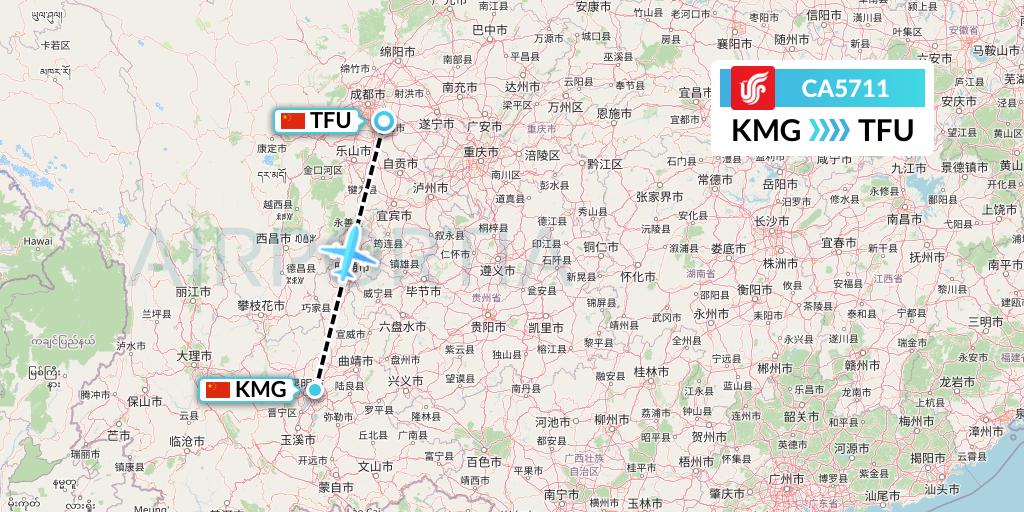 CA5711 Air China Flight Map: Kunming to Chengdu