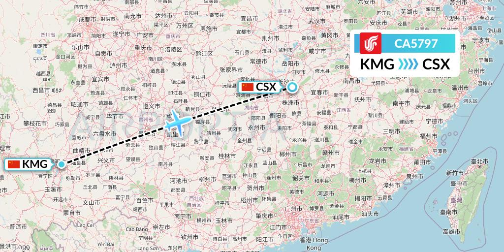 CA5797 Air China Flight Map: Kunming to Changsha