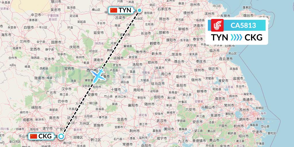CA5813 Air China Flight Map: Taiyuan to Chongqing
