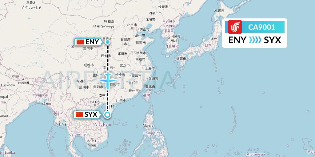 CA9001 Air China Flight Map: Yan'an to Sanya