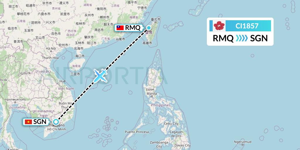 CI1857 China Airlines Flight Map: Taichung to Ho Chi Minh City