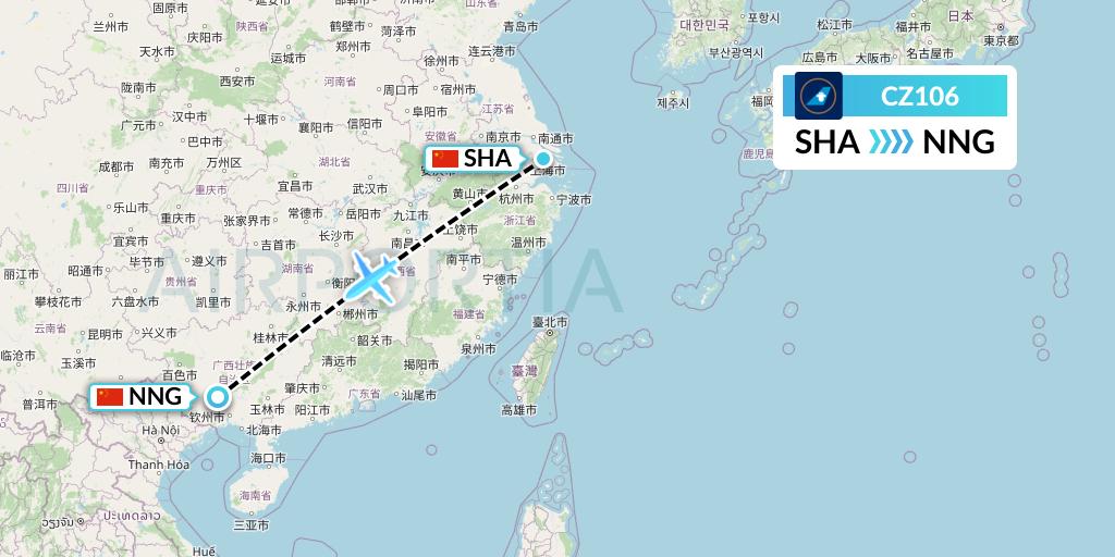CZ106 China Southern Airlines Flight Map: Shanghai to Nanning