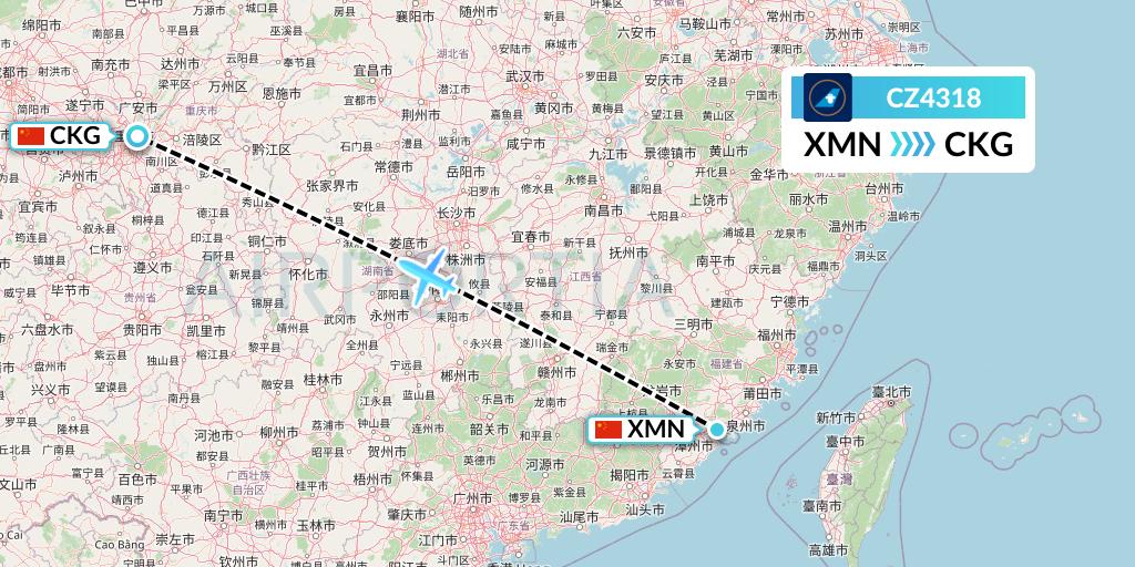 CZ4318 China Southern Airlines Flight Map: Xiamen to Chongqing