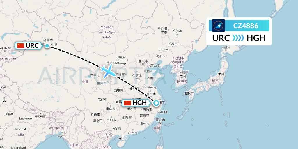 CZ4886 China Southern Airlines Flight Map: Urumqi to Hangzhou