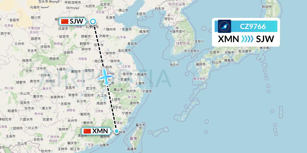 CZ9766 China Southern Airlines Flight Map: Xiamen to Shijiazhuang