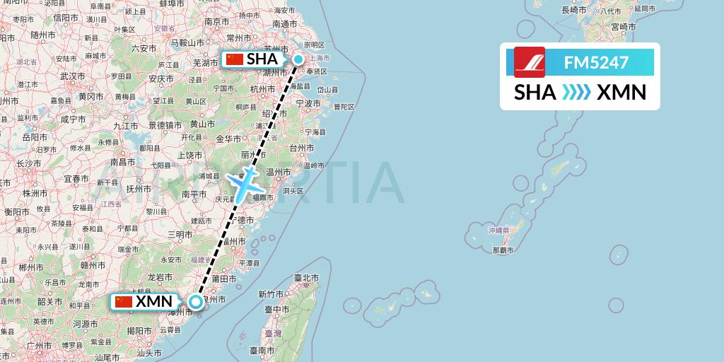 FM5247 Shanghai Airlines Flight Map: Shanghai to Xiamen