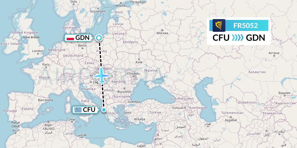 FR5052 Ryanair Flight Map: Corfu to Gdansk