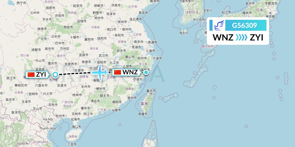 G56309 China Express Airlines Flight Map: Wenzhou to Zunyi