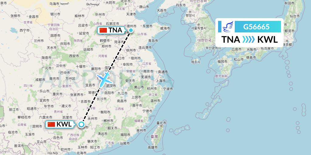 G56665 China Express Airlines Flight Map: Jinan to Guilin