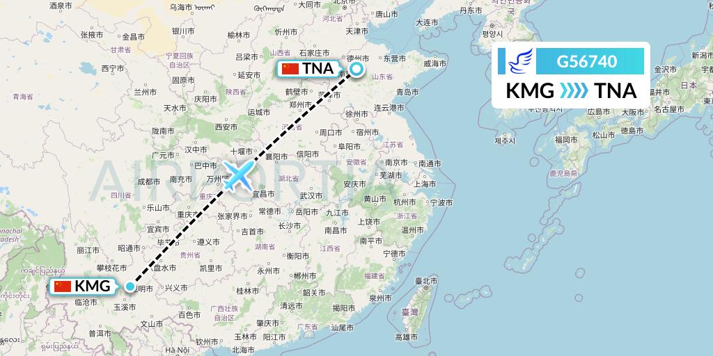 G56740 China Express Airlines Flight Map: Kunming to Jinan