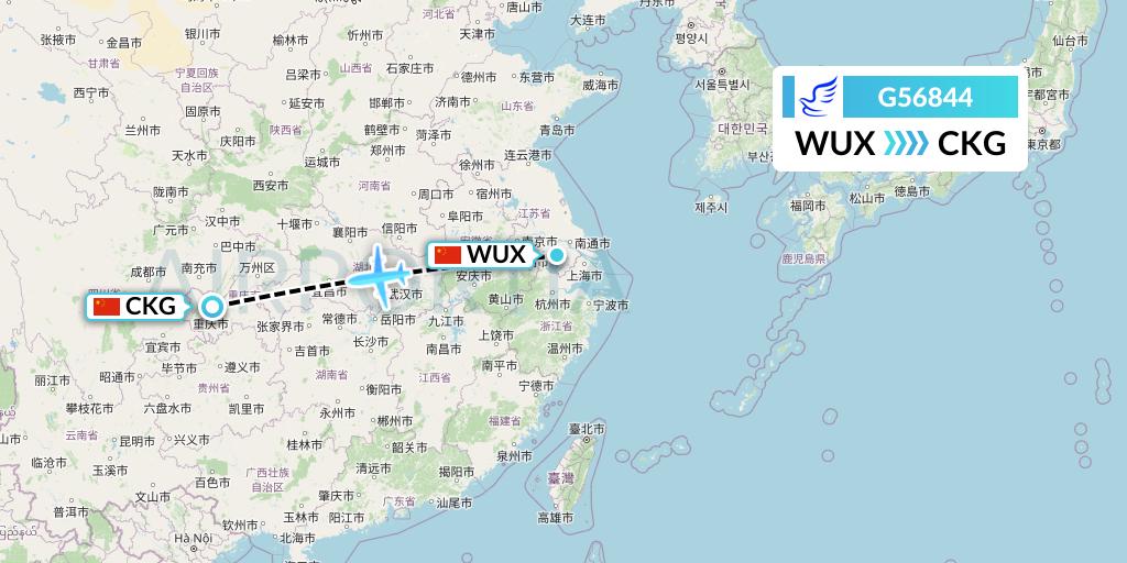 G56844 China Express Airlines Flight Map: Wuxi to Chongqing