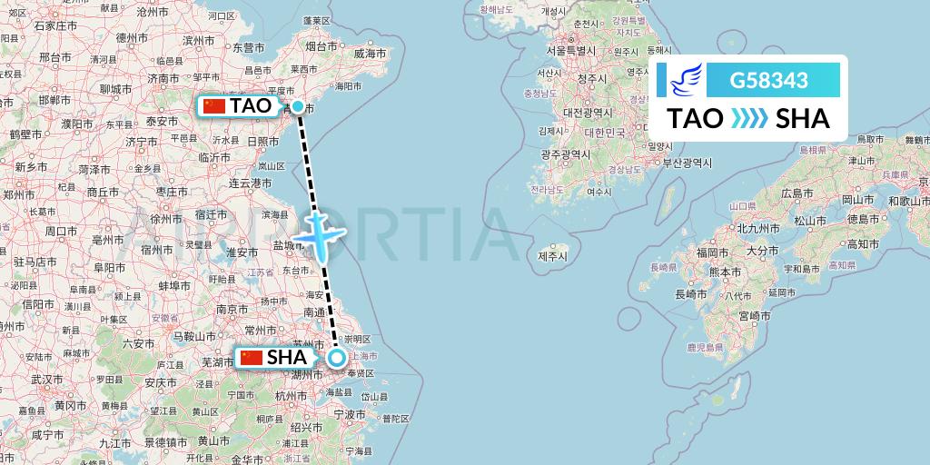 G58343 China Express Airlines Flight Map: Qingdao to Shanghai