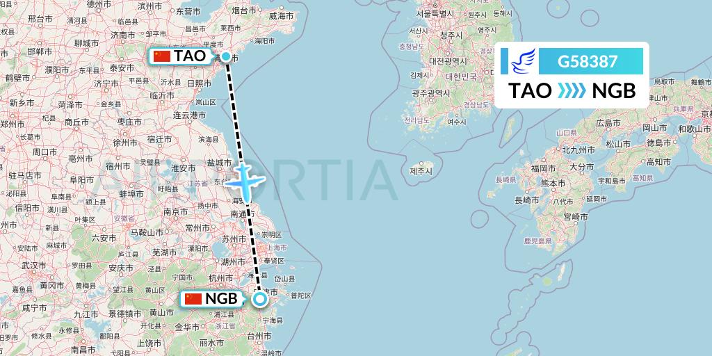 G58387 China Express Airlines Flight Map: Qingdao to Ningbo