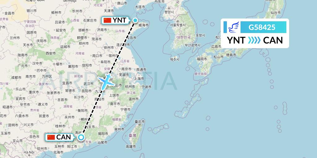 G58425 China Express Airlines Flight Map: Yantai to Guangzhou