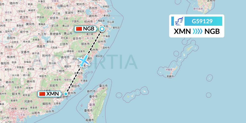 G59129 China Express Airlines Flight Map: Xiamen to Ningbo