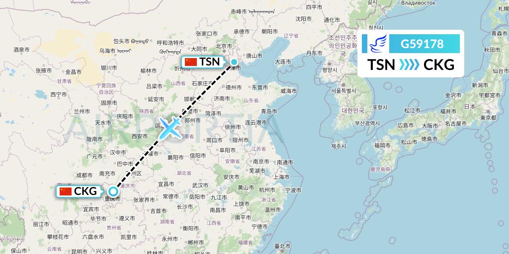 G59178 China Express Airlines Flight Map: Tianjin to Chongqing