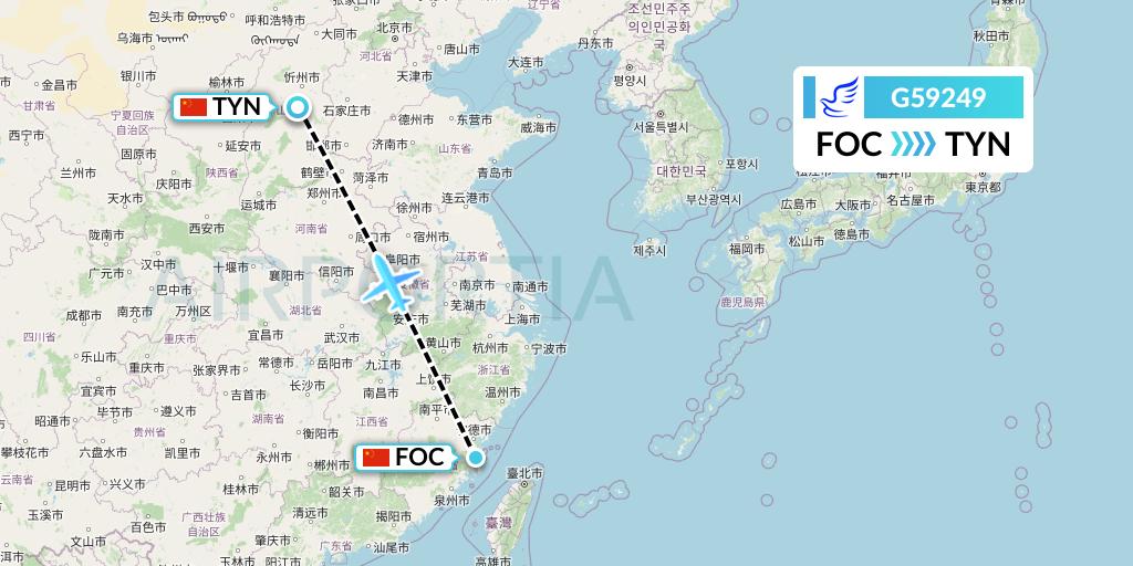 G59249 China Express Airlines Flight Map: Fuzhou to Taiyuan
