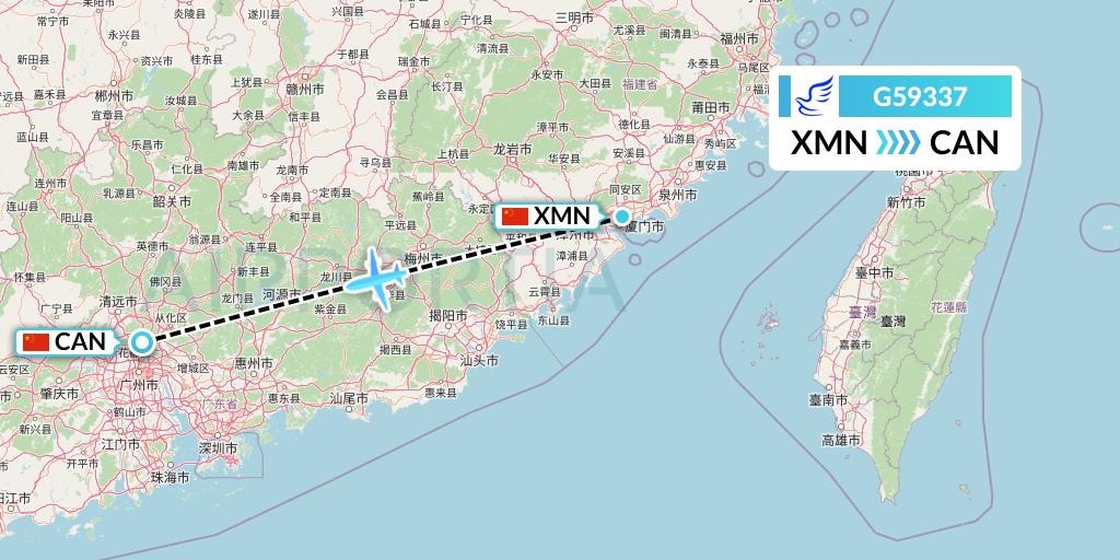 G59337 China Express Airlines Flight Map: Xiamen to Guangzhou