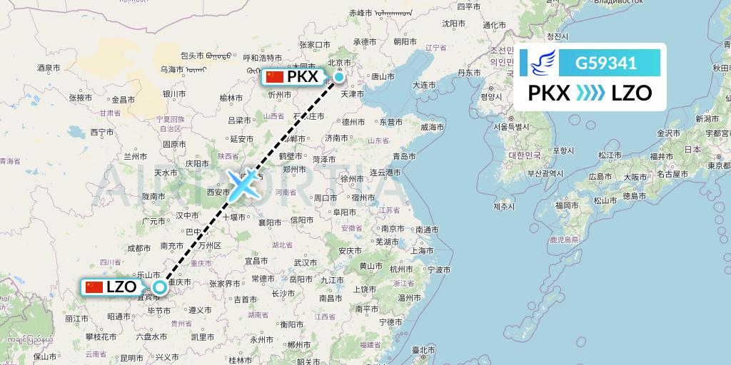 G59341 China Express Airlines Flight Map: Beijing to Luzhou