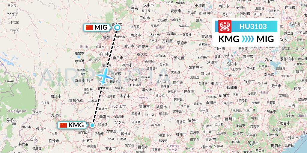 HU3103 Hainan Airlines Flight Map: Kunming to Mianyang