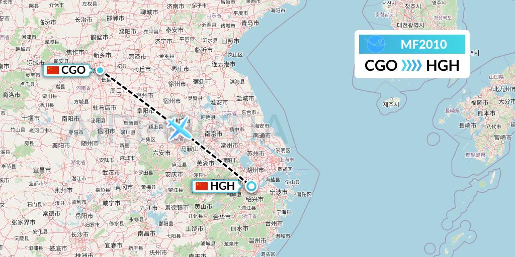 MF2010 Xiamen Airlines Flight Map: Zhengzhou to Hangzhou