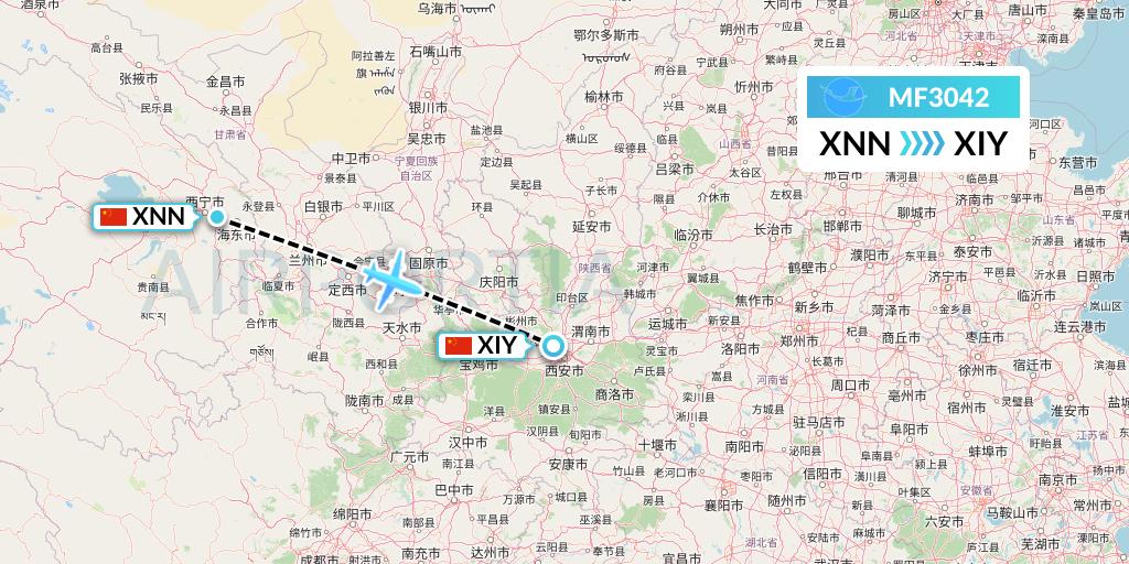 MF3042 Xiamen Airlines Flight Map: Xining to Xi'an