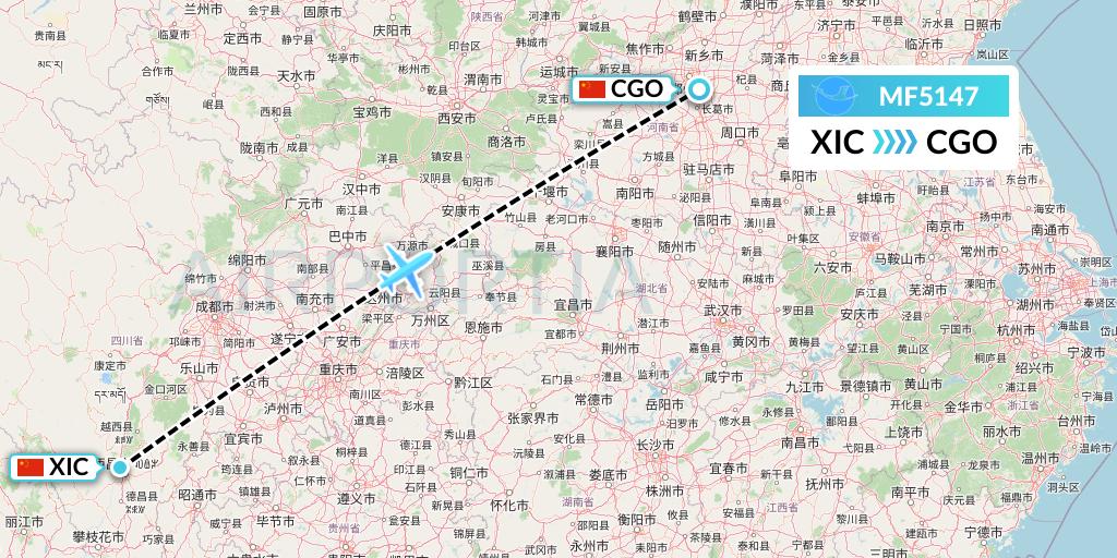 MF5147 Xiamen Airlines Flight Map: Xichang to Zhengzhou