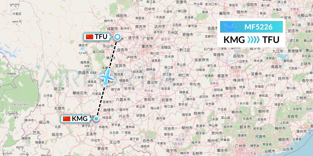 MF5226 Xiamen Airlines Flight Map: Kunming to Chengdu
