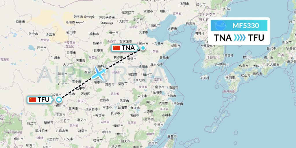 MF5330 Xiamen Airlines Flight Map: Jinan to Chengdu