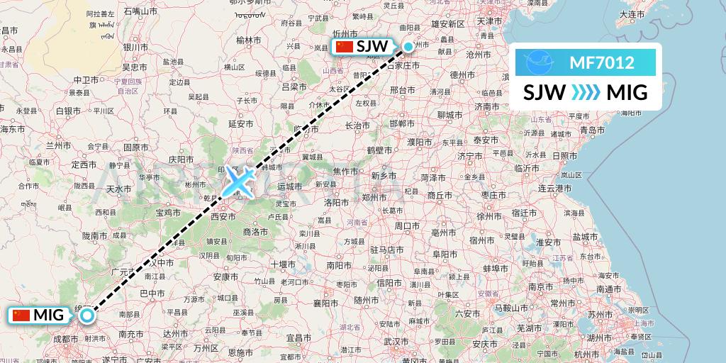 MF7012 Xiamen Airlines Flight Map: Shijiazhuang to Mianyang