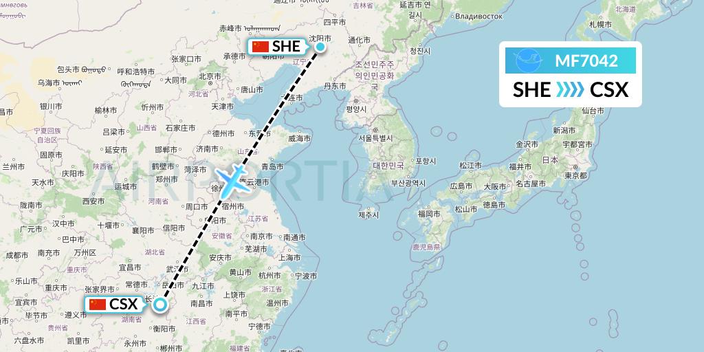 MF7042 Xiamen Airlines Flight Map: Shenyang to Changsha