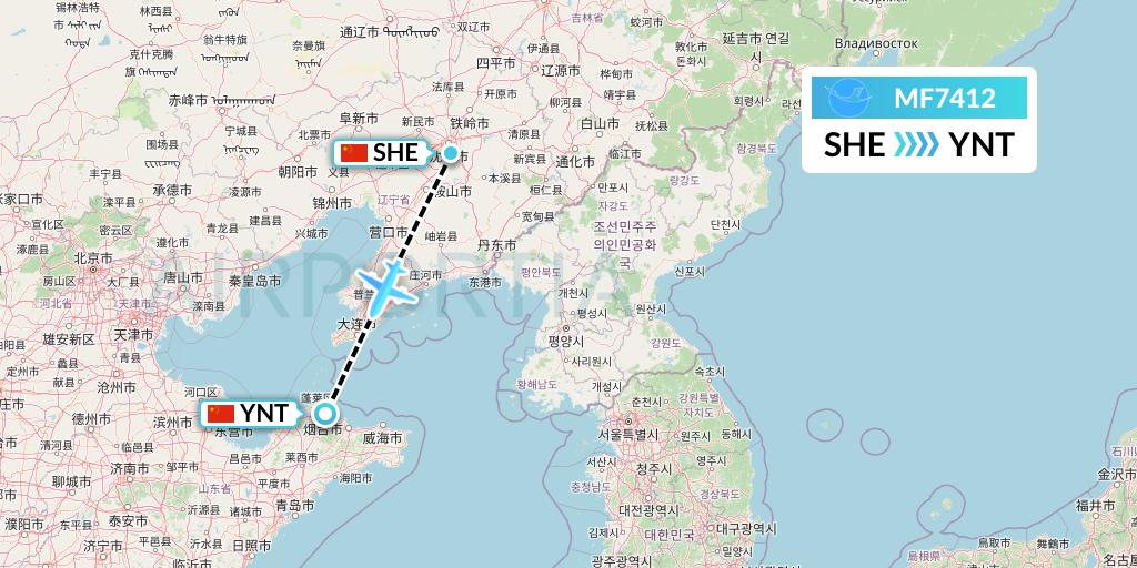 MF7412 Xiamen Airlines Flight Map: Shenyang to Yantai