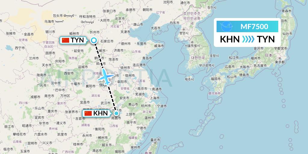 MF7500 Xiamen Airlines Flight Map: Nanchang to Taiyuan